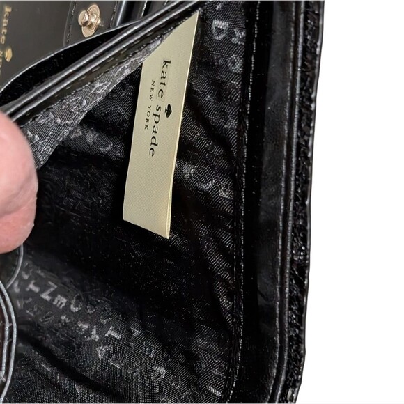 Kate Spade NY Wallet black Tellie leather glitter organizer billfold Tab close - Picture 6 of 8